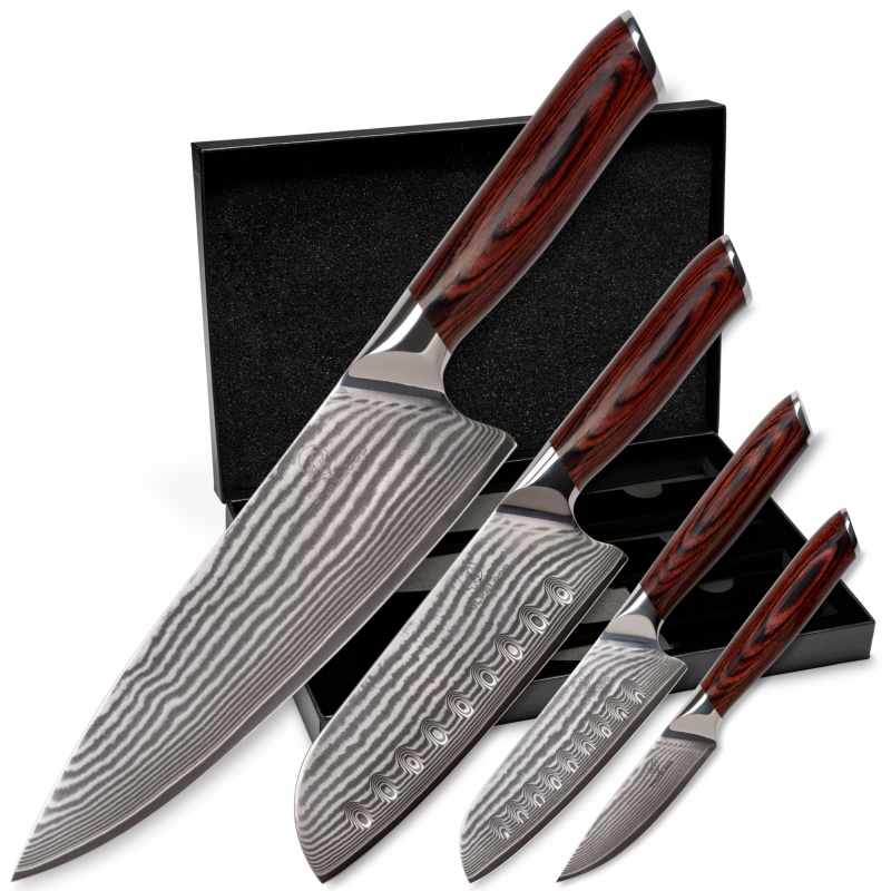 Set 4A (Chef Knife XL + Santoku Knife XL + Santoku Knife L + Paring Knife S) - Wolfblood RED